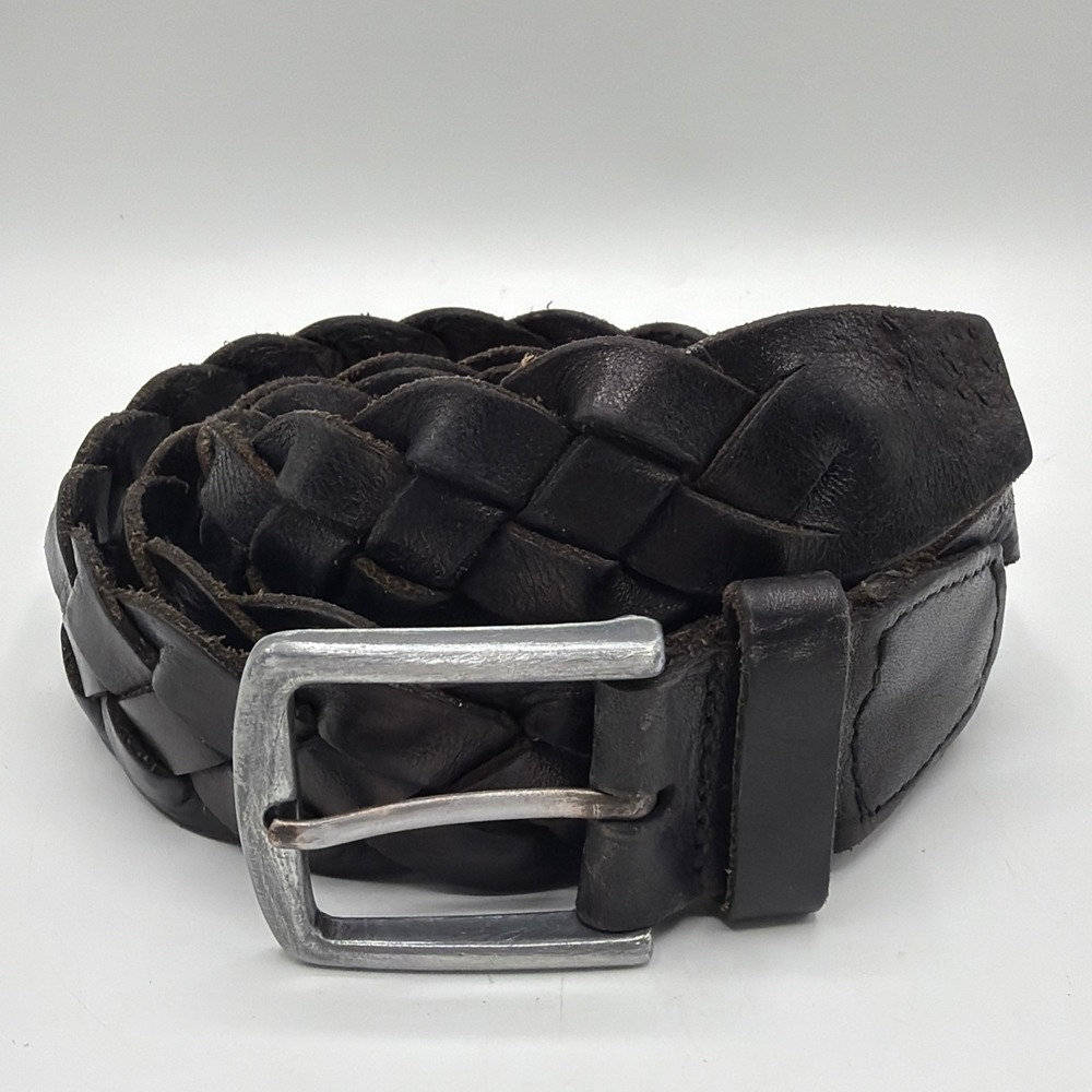 Vintage GAP Black Braided Leather Belt / Silver Tone Belt Buckle Sz. 36 Y2K